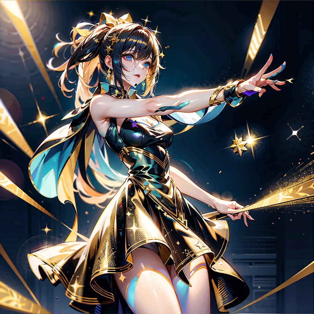 Thirty Alice Synthesis, star, sing, perfect face, Beautiful proportions, microphone in mouth, one person , KDA LOL , golden dress , Gold Jewelry