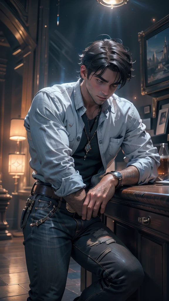 A young man, ice sorcerer, dark fur, Brown eyes, blue ice cap, White shirt, beige pants, Boots, gloves, belt, (Best Quality,4k,8k,high resolution,Masterpiece:1.2),ultra detailed,(realist,photorealist,photo-realist:1.37),Fancy, magic, ice magic, cinematic lighting, dramatic, detailed facial features, dramatic pose, intricate details, atmospheric environment, fantastic landscape