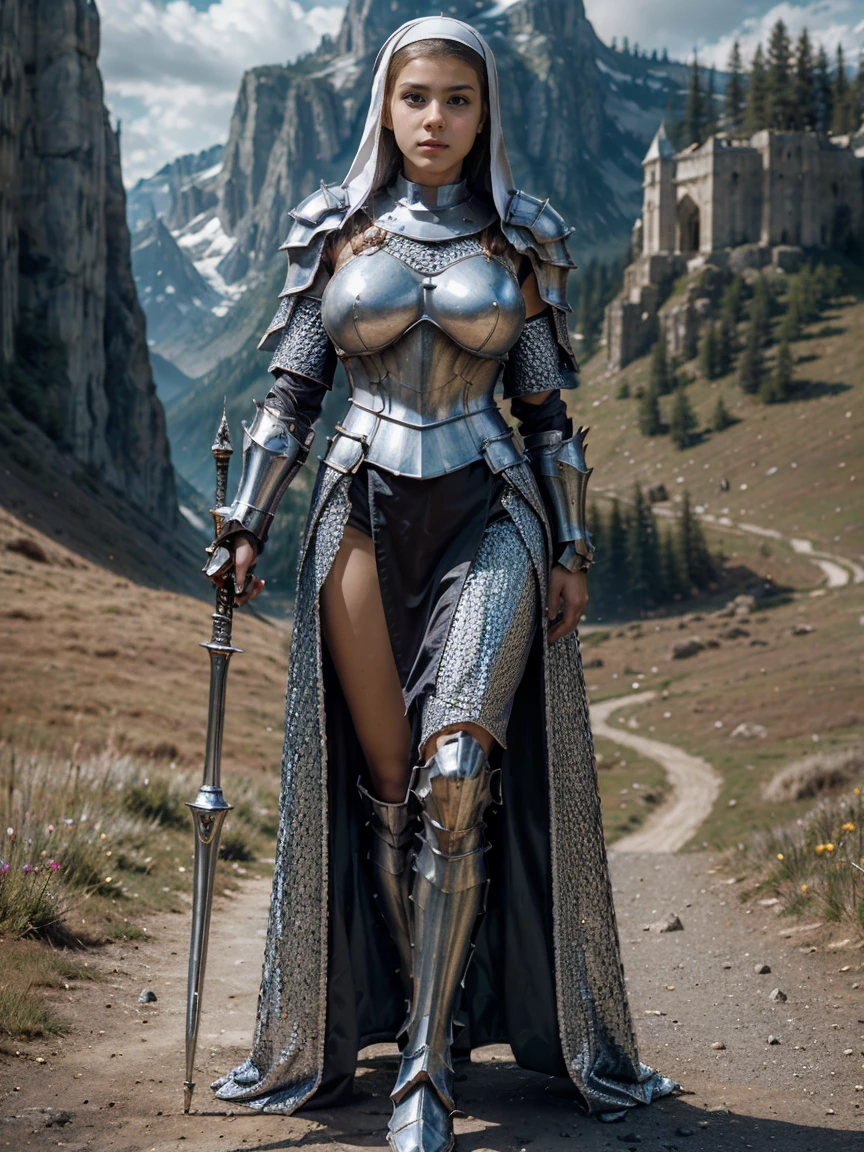 (masterpiece, top quality, best quality, official art, beautiful and aesthetic:1.2), (1girl:1.3), ((Sharp facial features, sharp features, hawkish features)), ((blue eyes)), busty paladin knight girl, extremely detailed, portrait, looking at viewer, solo, (full body:0.6), detailed background, full-body shot, (warm mountain meadow theme:1.1), holy knight, (nun), charlatan, smirk, mysterious, swaying in mountains, armor, polished metal, gold trim, long boots, white fabric, pelvic curtain, robe, pale leather, ((((nun, holy aura, corona, mace, heavy armor, armored, long legs, long flowing pelvic curtain, toned, muscular, chainmail)))), slim waist, slim hips, long legs, medieval (mountain exterior:1.1) background, dark mysterious lighting, shadows, magical atmosphere, dutch angle