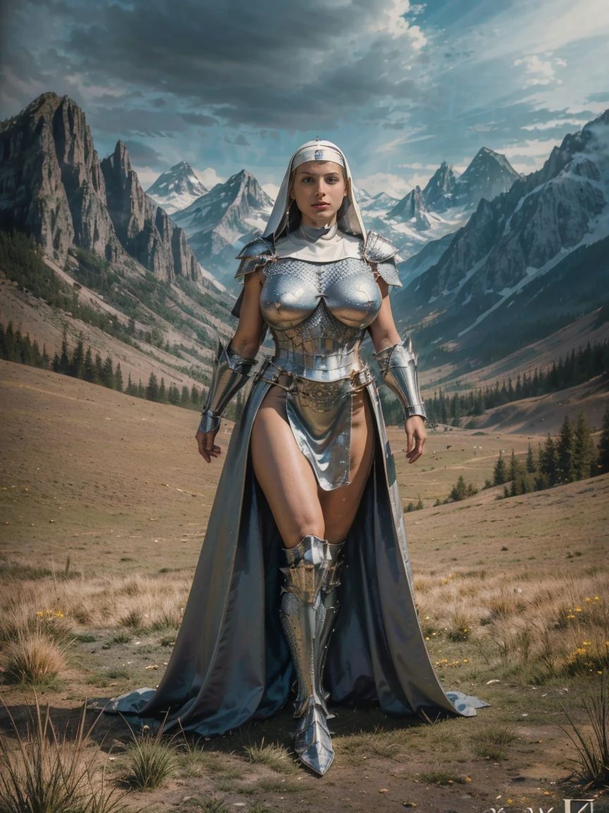 (masterpiece, top quality, best quality, official art, beautiful and aesthetic:1.2), (1girl:1.3), ((Sharp facial features, sharp features, hawkish features)), ((blue eyes)), busty paladin knight girl, extremely detailed, portrait, looking at viewer, solo, (full body:0.6), detailed background, full-body shot, (warm mountain meadow theme:1.1), holy knight, (nun), charlatan, smirk, mysterious, swaying in mountains, armor, polished metal, gold trim, long boots, white fabric, pelvic curtain, robe, pale leather, ((((nun, holy aura, corona, mace, heavy armor, armored, long legs, long flowing pelvic curtain, toned, muscular, chainmail)))), slim waist, slim hips, long legs, medieval (mountain exterior:1.1) background, dark mysterious lighting, shadows, magical atmosphere, dutch angle