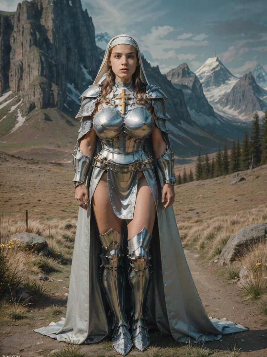 (masterpiece, top quality, best quality, official art, beautiful and aesthetic:1.2), (1girl:1.3), ((Sharp facial features, sharp features, hawkish features)), ((blue eyes)), busty paladin knight girl, extremely detailed, portrait, looking at viewer, solo, (full body:0.6), detailed background, full-body shot, (warm mountain meadow theme:1.1), holy knight, (nun), charlatan, smirk, mysterious, swaying in mountains, armor, polished metal, gold trim, long boots, white fabric, pelvic curtain, robe, pale leather, ((((nun, holy aura, corona, mace, heavy armor, armored, long legs, long flowing pelvic curtain, toned, muscular, chainmail)))), slim waist, slim hips, long legs, medieval (mountain exterior:1.1) background, dark mysterious lighting, shadows, magical atmosphere, dutch angle