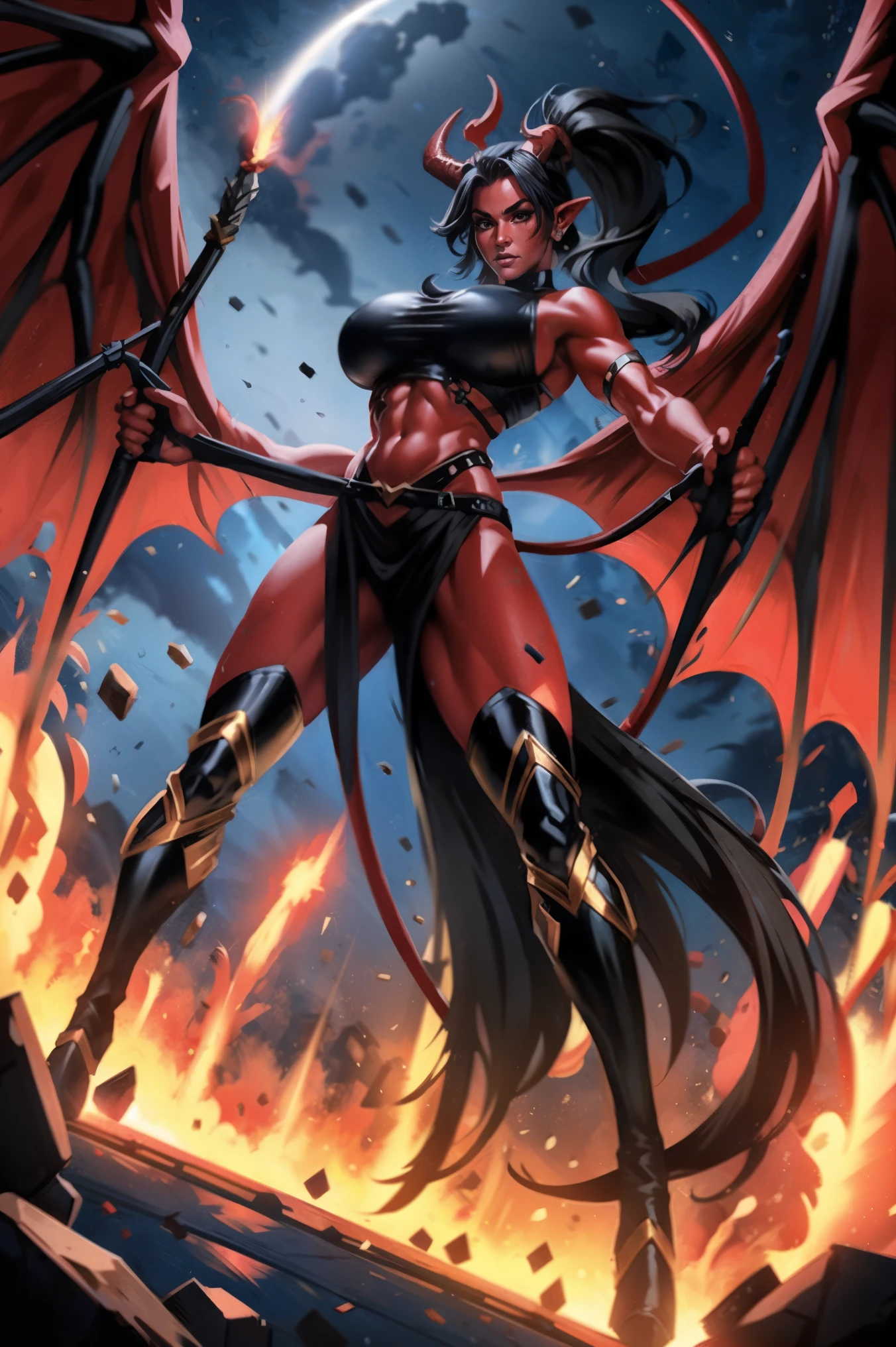 Red skin succubus tiefling, digitigrade legs, full breasts, medium breasts, black horns, wings, huge tail, black leather, crop top, long flowing pelvic curtain, tall, toned, graceful, thin, long black ponytail. Action scene, whip. Dark scene, explosions, night sky.