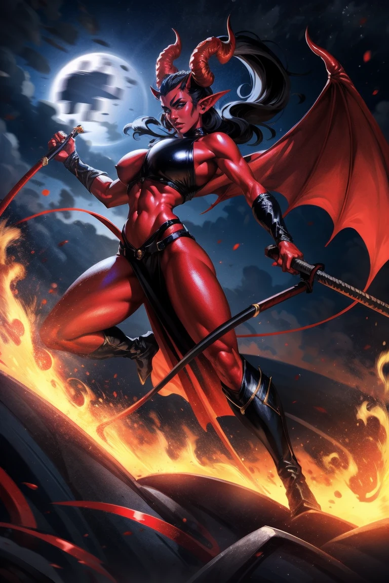 Red skin succubus tiefling, digitigrade legs, full breasts, medium breasts, black horns, wings, huge tail, black leather, crop top, long flowing pelvic curtain, tall, toned, graceful, thin, long black ponytail. Action scene, whip. Dark scene, explosions, night sky.