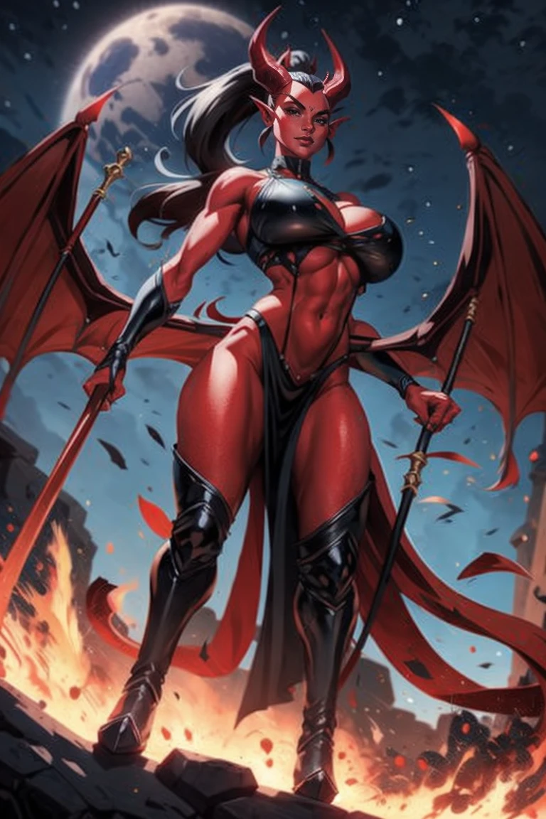 Red skin succubus tiefling, digitigrade legs, full breasts, medium breasts, black horns, wings, huge tail, black leather, crop top, long flowing pelvic curtain, tall, toned, graceful, thin, long black ponytail. Action scene, whip. Dark scene, explosions, night sky.