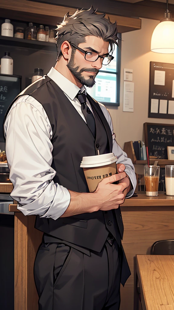 Gray short hair、Glasses、Beard、One person、Master、Cafe、One personでコーヒーを入れる、Black vest、shirt、tie、One personの男