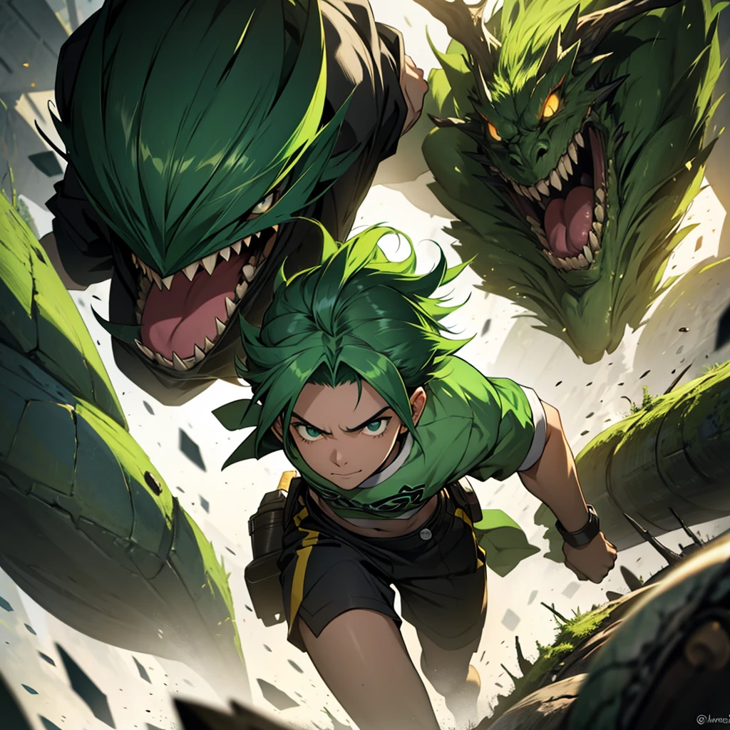 Green haired teenager facing a monster all hurt without an arm