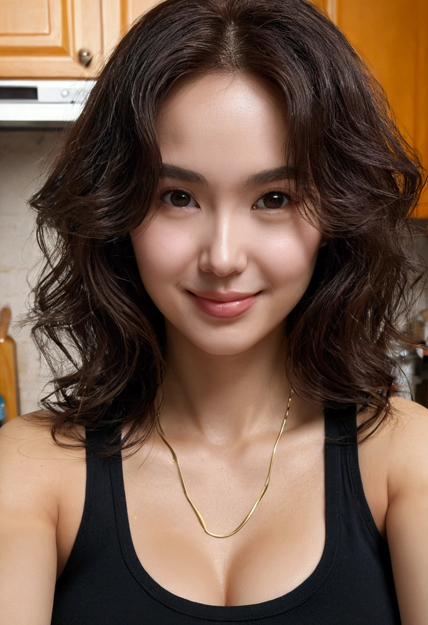 ((Best Quality, 8k, Masterpiece:1.3), Angie Marcheria), Focus:1.2, Perfect Body Beauty:1.4, Buttocks:1.2, ((Delicate Hair)), (black t-shirt:1.1), (kitchen), Highly detailed face and skin texture, Detailed eyes, Double eyelids, whitening skin, Big breasts, smile, wearing necklaces, perfect , seducing face, cooking, sweating, selife, 1 girl, messy hair, sexy