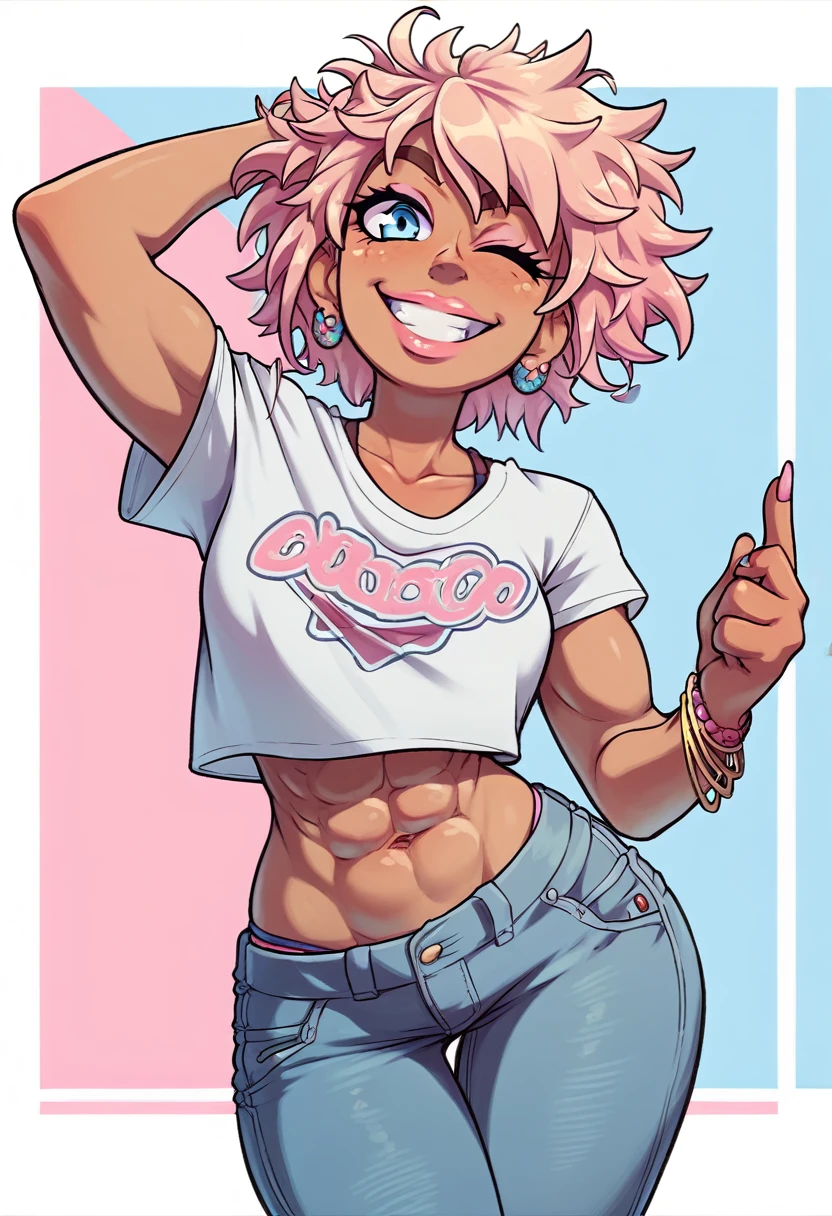 Gyaru girl, tan skin, short hair, messy hair, light pink lipgloss, toothy smile, large lips, light blue eyes, winking, crop top, abs, jeans, wide hips