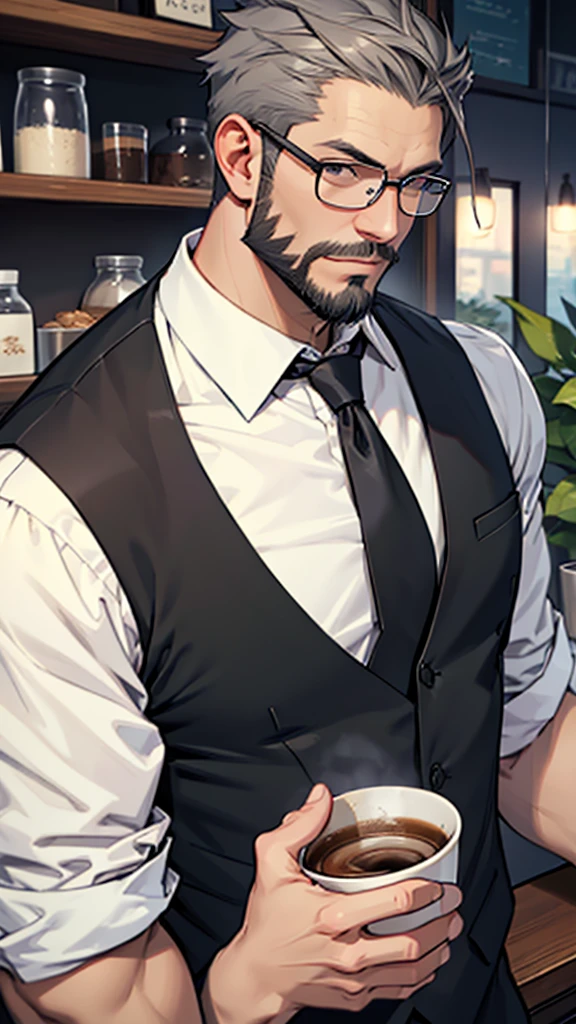 Gray short hair、Glasses、Beard、One person、Master、Cafe、One personでコーヒーを入れる、Black vest、shirt、tie、One personの男