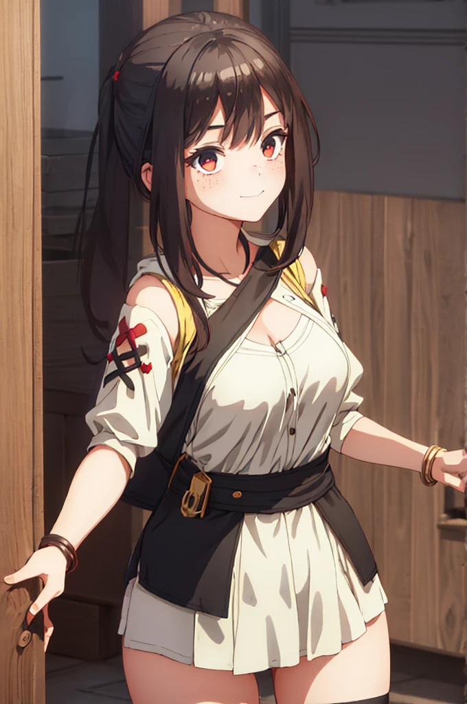 ''Girl standing in the main door of the viewer, looking at the viewer, dwarf girl smiling somewhat blushing, with freckles, red eyes and long black hair, white top t-shirt, with a short black skirt that makes see her black panties, black thighs, with a black and red bracelet, slender body, with medium breasts and medium ass, large thighs, and very attractive physical appearance, nsfw.''
