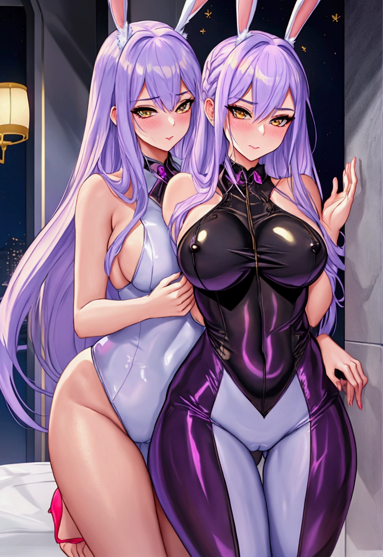 Hot woman, adult woman, adult body, big breasts, big ass, adult, adult face, lilac hair, golden eyes, hot body, bunny suit, lilac bunny suit, blushing face, naughty face, horny, very hot, long hair, alone, horny face