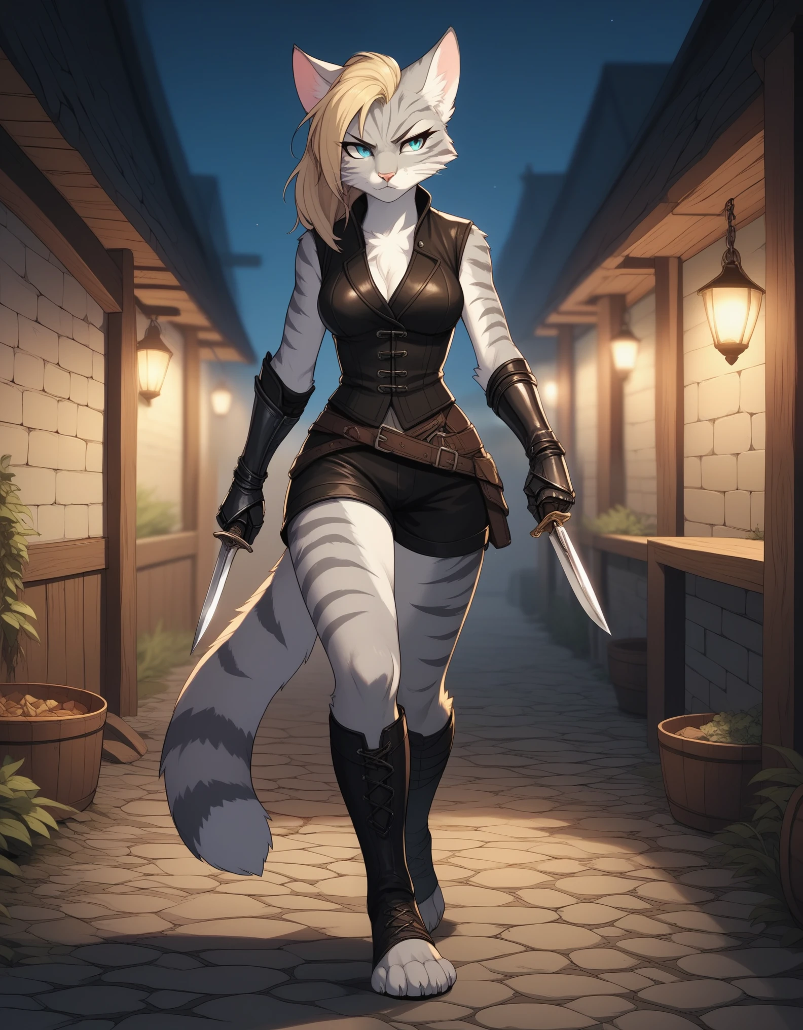 score_9,score_8_up,score_7_up, kemono style, Kat, Anthro furry feline, silver fur, grey stripes on body, blue eyes, long blonde hair, undercut hair, pink nose, :3, wearing black medieval vest, black short shorts, black leather gauntlets, plantigrade feet, feet paws wrapped in bandages, furrowed eyebrows, she’s grumpy, walking, holding a dagger knife, at a campsite at night, standing
