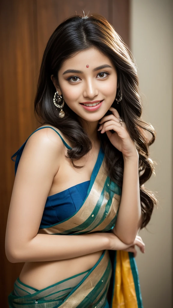 Gorgeous Bollywood supermodel, upper half body of (A hyper-realistic), (illustration), (high resolution), (8K), (highly detailed), smile, smiling, (The best illustration of beautiful detailed eyes), (top-quality), (ultra-detailed), (​masterpiece), (beautiful attractive face), long hair, Earrings with bangs, ((20 year old Indian beautiful girl)), (((wearing traditional sari ))) , (((Glamorous body))) , Elegant Pose, Seduction pose, Looking at the camera, classroom in background, blackboard in background, beautiful teacher, big 