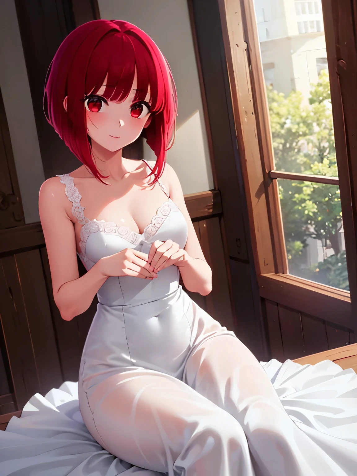 Tabletop, Highest quality, High resolution, 超High resolution, Depth of written boundary,One Girl, Red eyes, Redhead, ((Bob Hair)), (Wedding dress), Small breasts, Cleavage, cheese 、(Perfect hands, Perfect Anatomy),　Arima Kana、