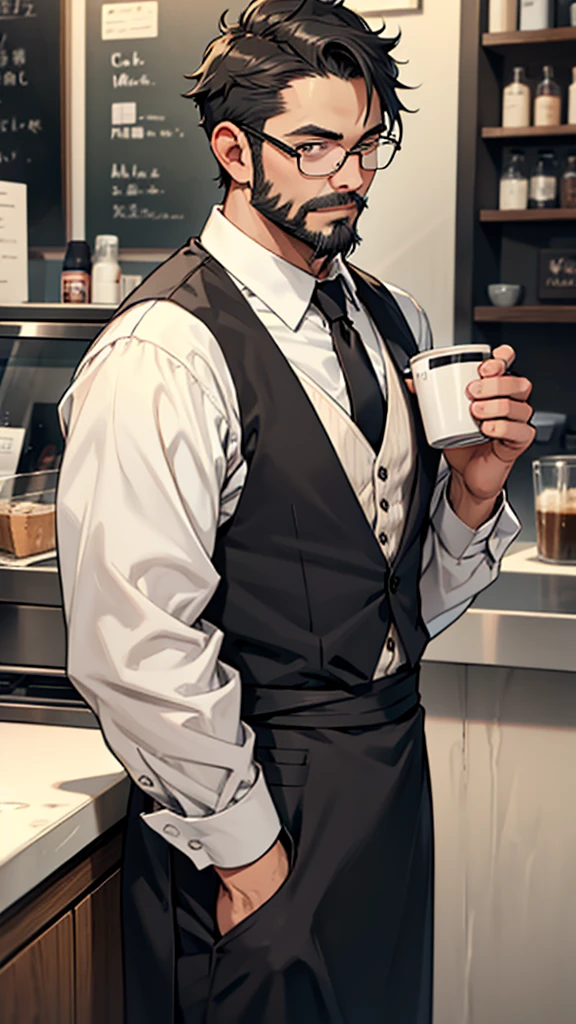 Gray short hair、Glasses、Beard、One person、Master、Cafe、One personでコーヒーを入れる、Black vest、shirt、tie、One personの男、Waist apron