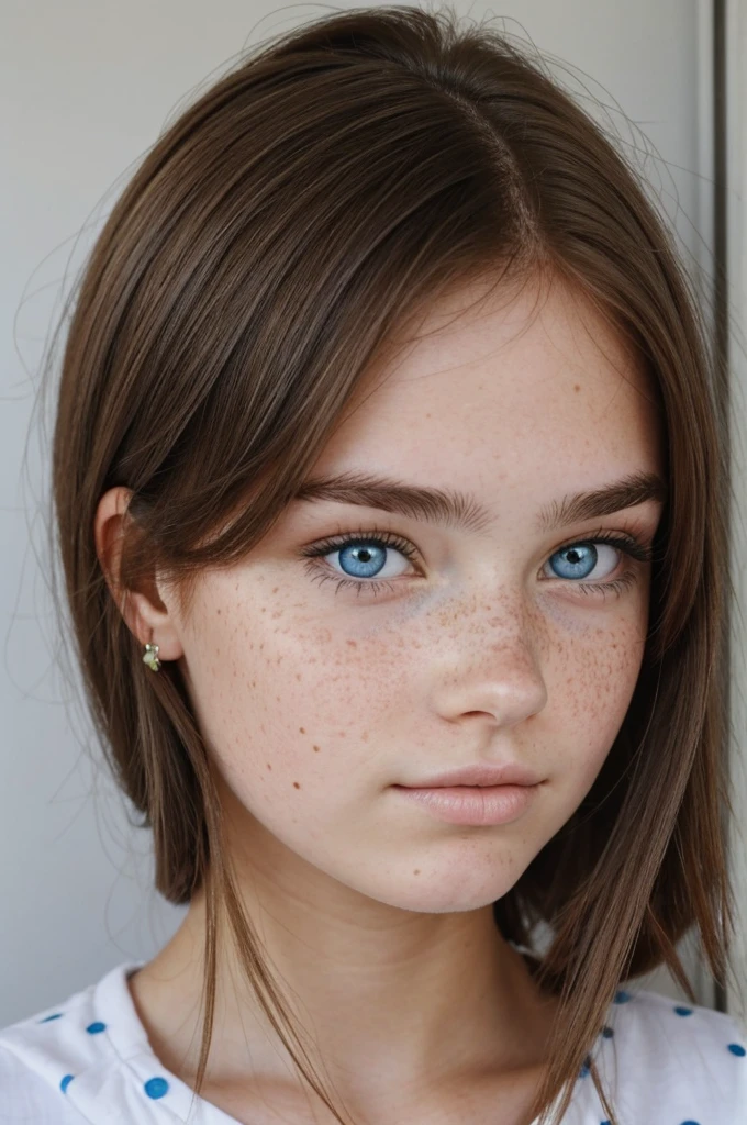A teenage girl with an oval face and a bit of cheek, freckles, brunette with blue eyes, les sourcils un peu épais et avec la plus belle coupe de cheveux possible