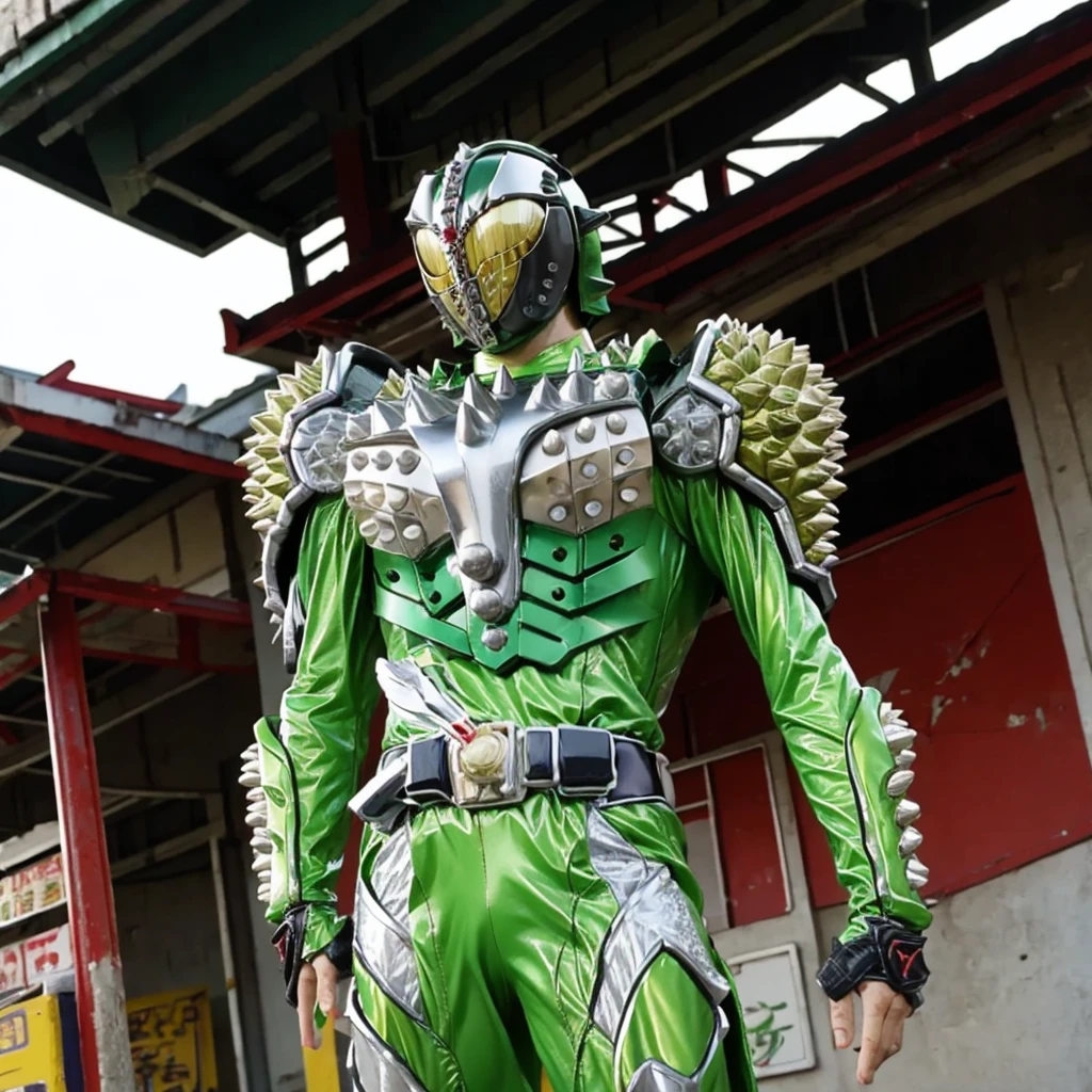 Kamen rider. Street bikes outfit. Kamen rider concept . At Chinese market . Sell a bunch lot of durian fruit.. kamen rider sell a durian. Open stall durian. Sell a durian fruit.