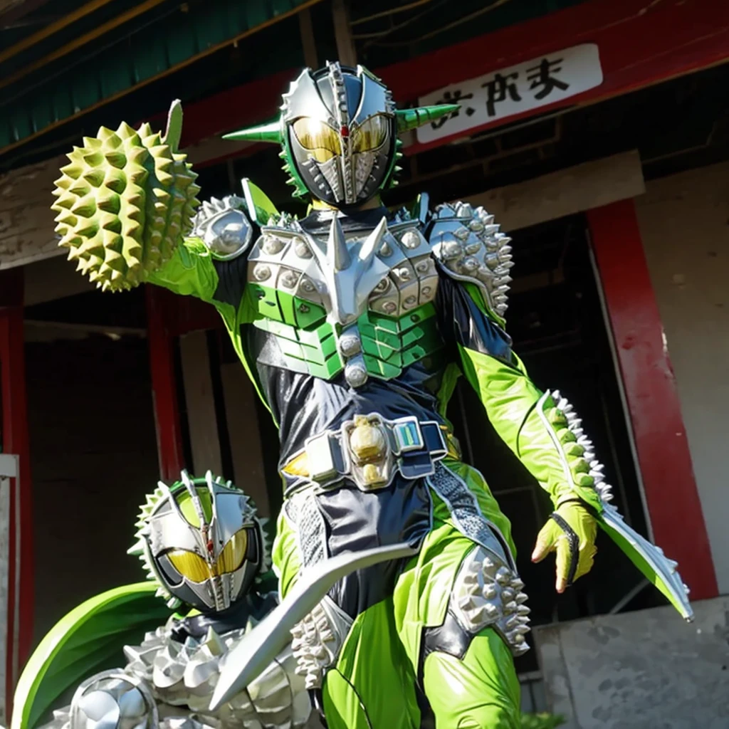 Kamen rider. Street bikes outfit. Kamen rider concept . At Chinese market . Sell a bunch lot of durian fruit.. kamen rider sell a durian. Open stall durian. Sell a durian fruit.