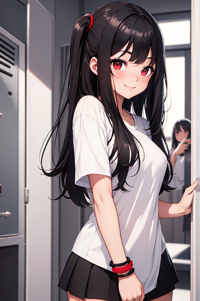 ''Girl standing in the main door of the viewer, looking at the viewer, dwarf girl smiling somewhat blushing, with freckles, red eyes and long black hair, white top t-shirt, with a short black skirt that makes see her black panties, black thighs, with a black and red bracelet, slender body, with medium breasts and medium ass, large thighs, and very attractive physical appearance, nsfw.''