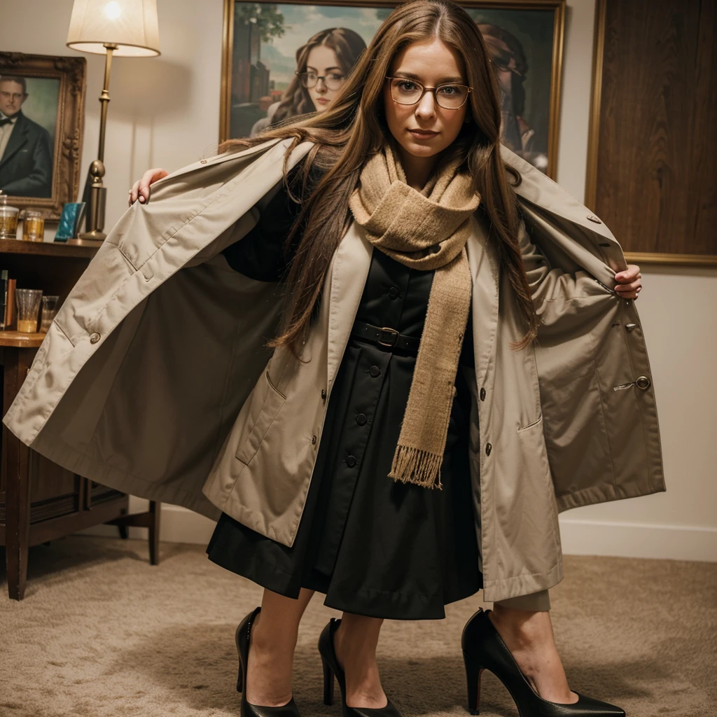(best quality, realistic: 1.37), medium: oils, an elegant mature 25-year-old woman with long colored hair, wearing glasses and a scarf. She is dressed in a retro style inspired by the 1890s, with clothes made of fur. Her outfit is complemented by high heels. The painting should have a portrait style, with bright colors and warm lighting.

