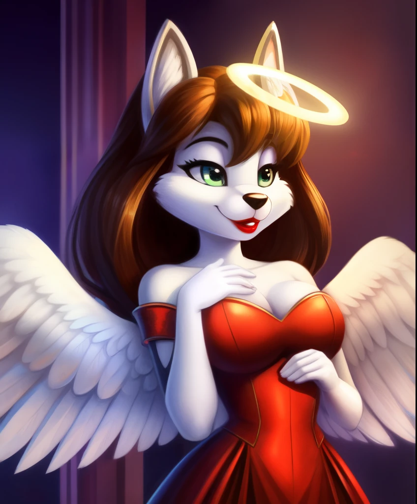 Female anthro husky as an guardian angel, long hair, halo, white soft feathered wings, red lipstick, white and gold long gloves, red heart shaped strapless dress, rubbing her chest with her hands, tiny toons style