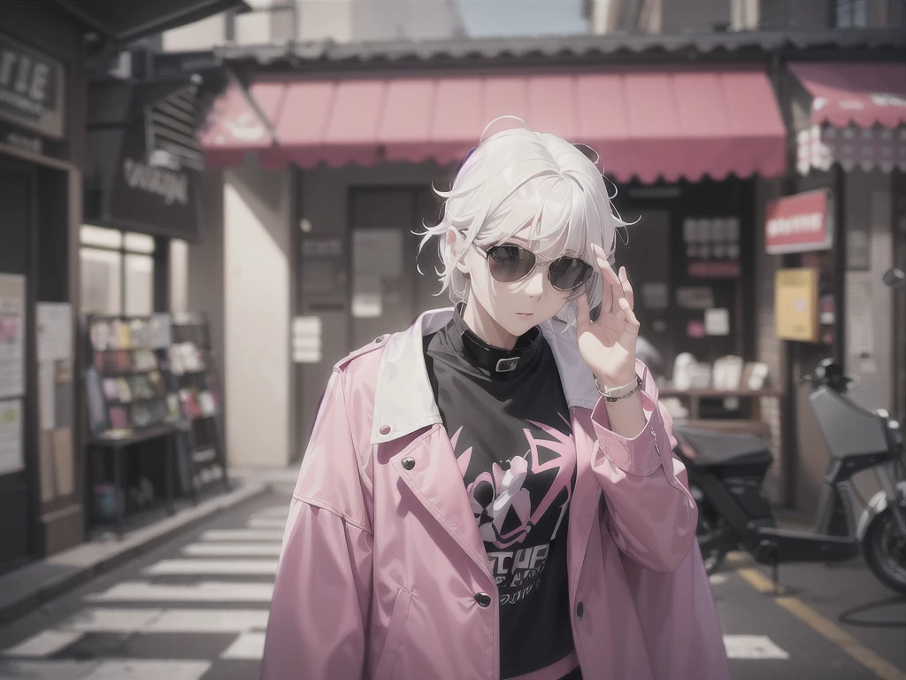 Really high girl with white hair and a pink jacket and a black shirt with a black short full body