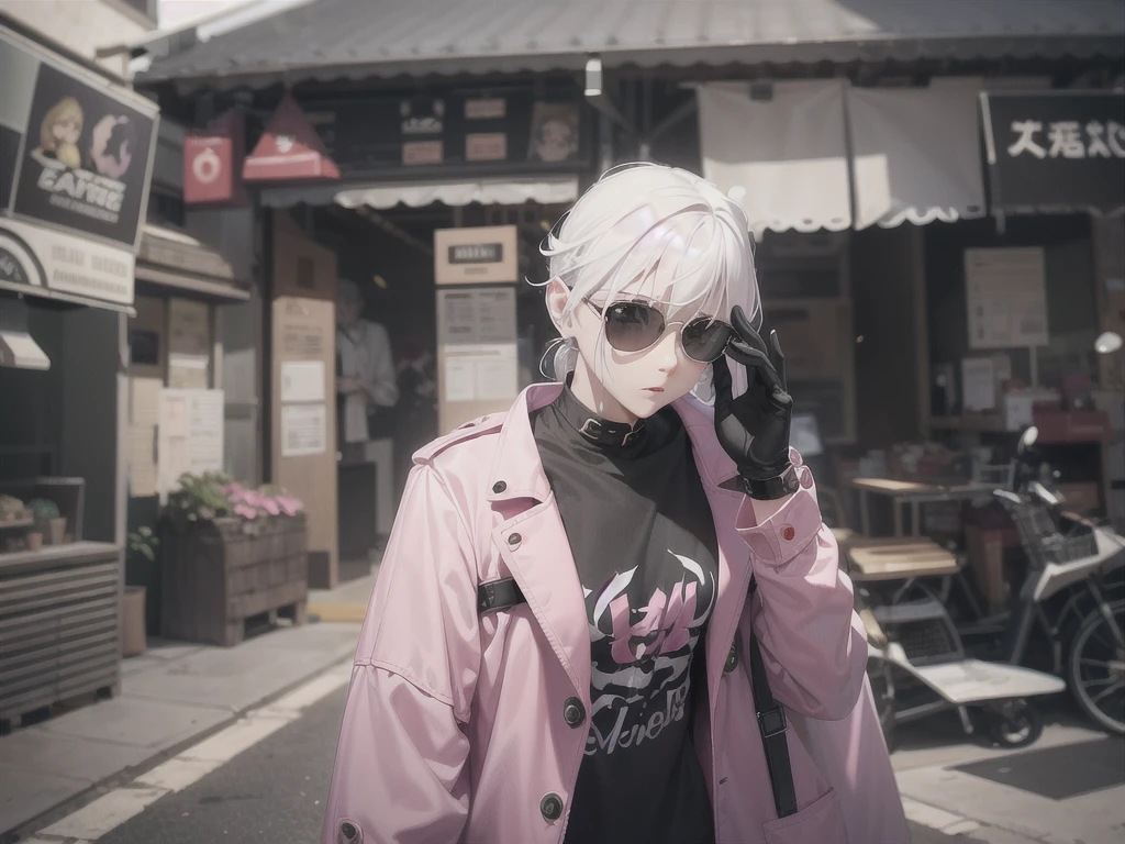 Really high girl with white hair and a pink jacket and a black shirt with a black short full body