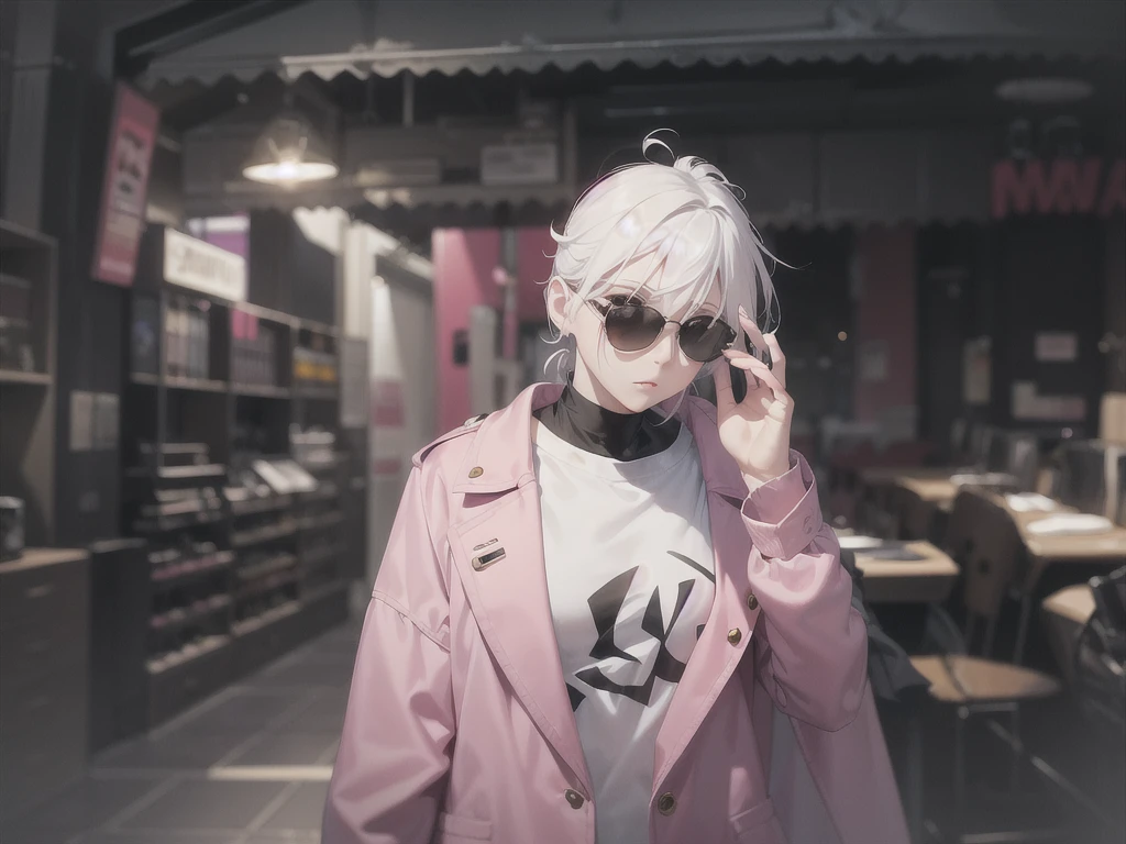 Really high girl with white hair and a pink jacket and a black shirt with a black short full body