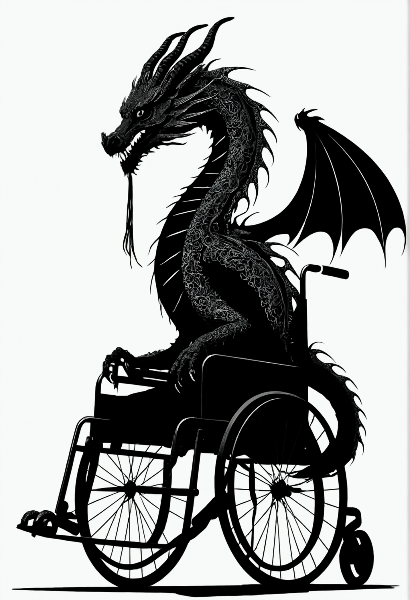 a black silhouette of a noodle dragon in a wheelchair
