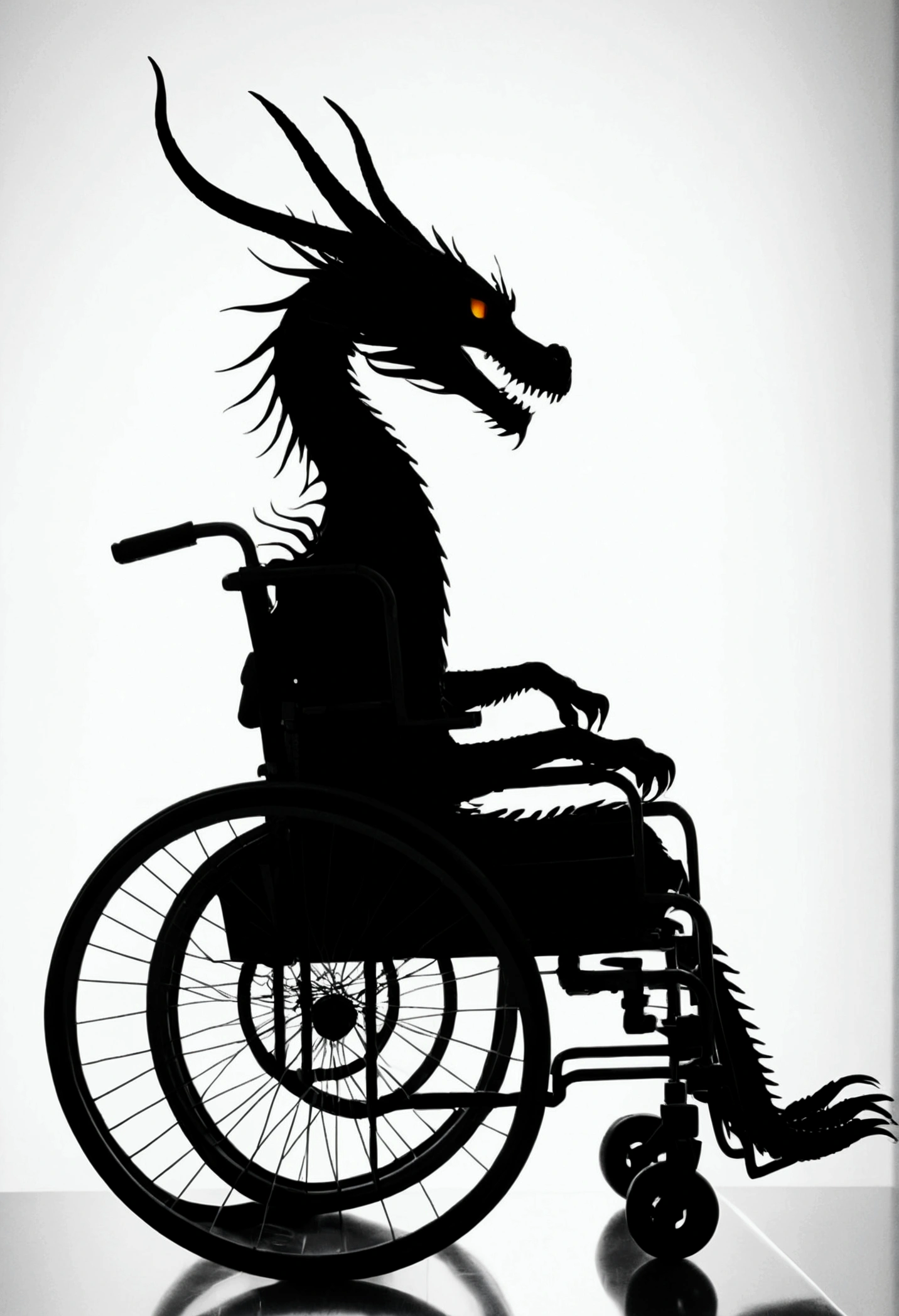 a black silhouette of a noodle dragon in a wheelchair