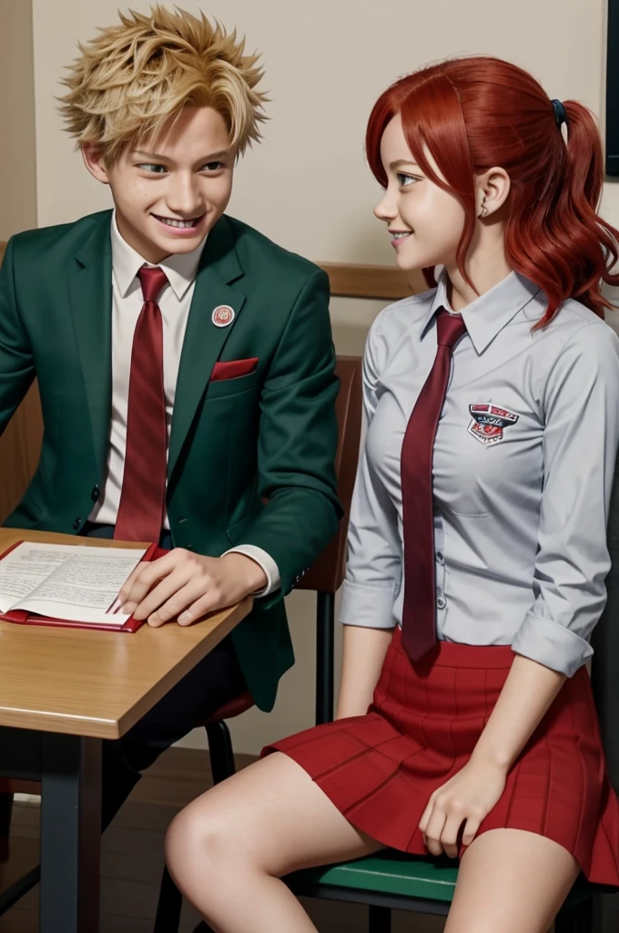 Screenshot of boku no hero academia of teenage girl is short with funny red hair,has a happy expression,blazer, gray,red tie and green skirt,She is sitting,while she is with Bakugou Katsuki, a boy with blonde hair and red eyes doing homework together.