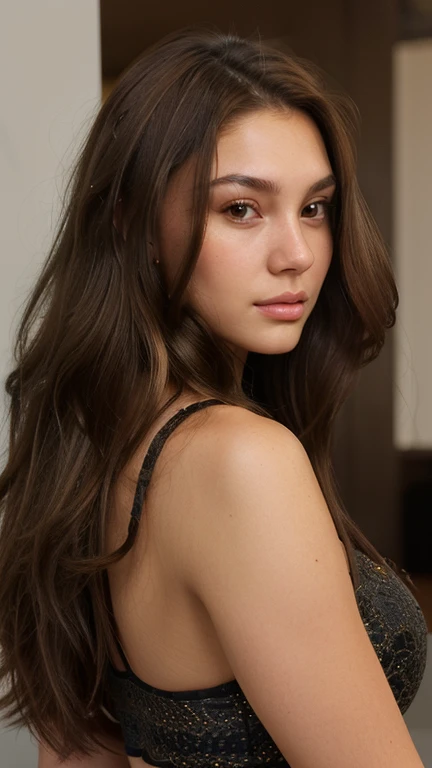 Create a girl, "High-quality", "masterpiece", detailed, realism, ultra-realism, now let's list all the characteristics of Daniela Ferreira, the perfect face, very attractive, beautiful 20-year-old American brunette girl, light brown eyes,long hairs and natural light brown eyes, looking directly at the camera, hot, sensusl, most beautiful, round face, good chin, best features, skin and hair with high texture, amazing light brown eyes and brunette hair. Her body is 1.75m tall, with fit shape, slim waist , large bust, long hair, medium buttocks