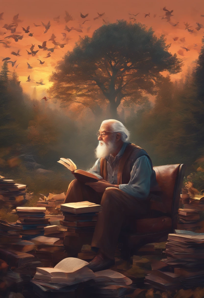 (best quality, 4k, 8k, high resolution, masterpiece: 1.2), ultra detailed, (realistic, photorealistic, photorealistic: 1.37), Wise old man in a moment of contemplation in a forest of books, illustration, portraits, vivid colors, sunset lighting, moonlight