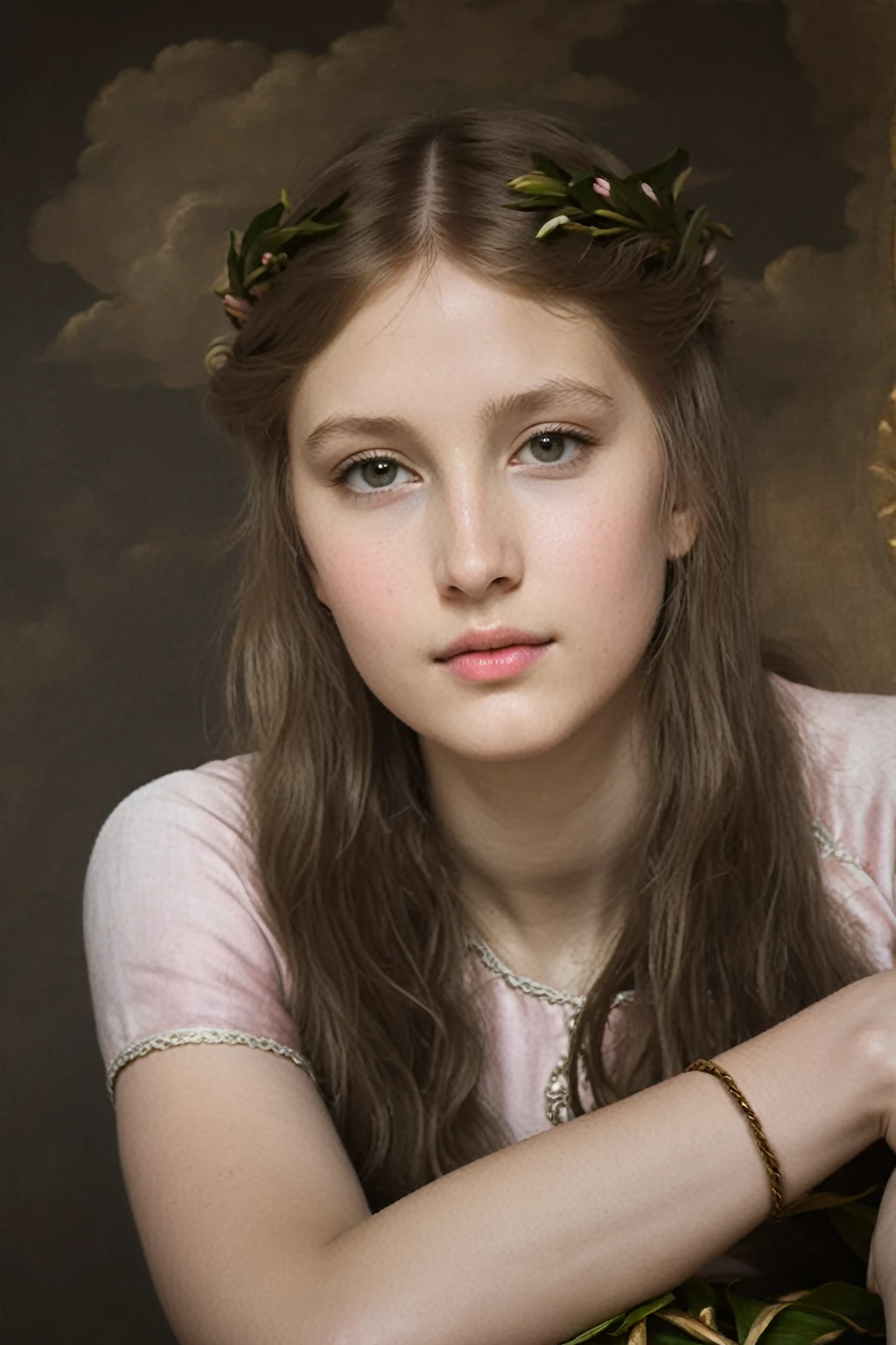 allegory, (teen angel with a wreath of lilies), dark clouds, pink/gray/sepia, Renaissance, graininess, worn canvas, scuff gradient, ((Tiepolo/Fra Angelico/Titian style)),chiaroscuro, oil, acrylic, intricate, extreme detail, complex key, ((single shot)), ((best quality)), ((masterpiece)), ((Pre-Raphaelism)), 8k, impressionism: 0.2 full hd wallpaper