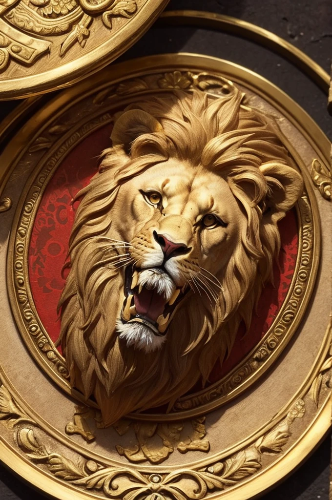 See the image of a medallion with a lion printed with gold and red details 