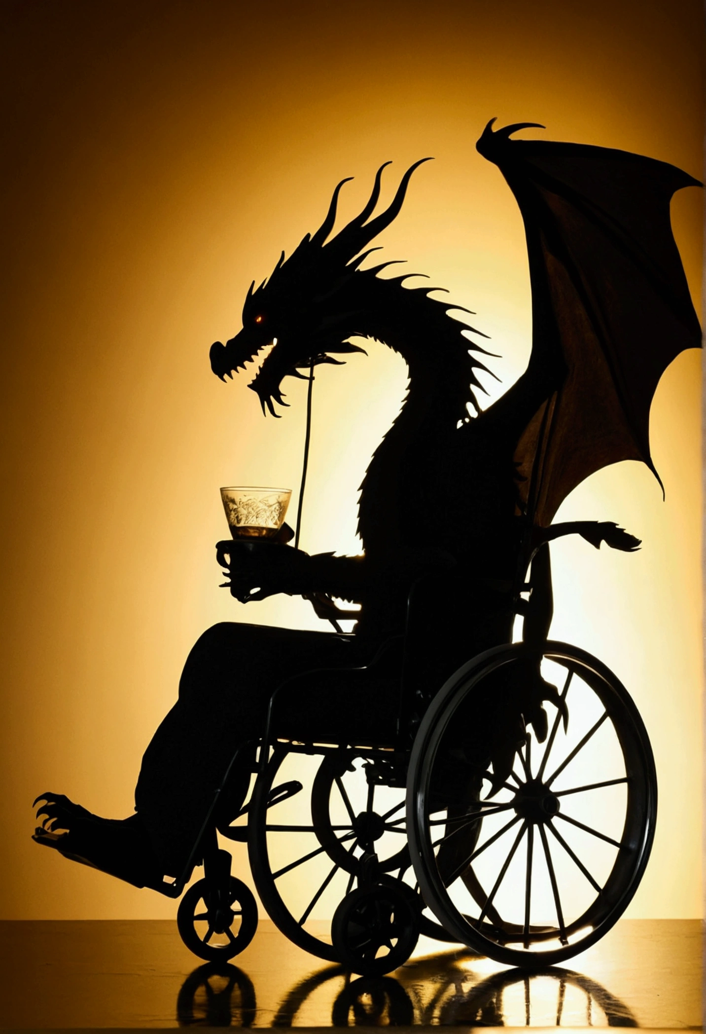 a black silhouette of a dragon noodle in a wheel chair