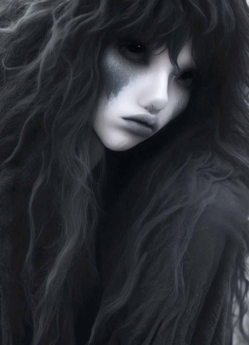 arafed woman with long black hair and a furry hat, black bangs, she has black hair with bangs, with a dark fringe, hair blackbangs hair, with haunted eyes and dark hair, long black hair with bangs, with full bangs, desaturated!!, with haunted eyes and crazy hair, long hair with full bangs, with long black hair