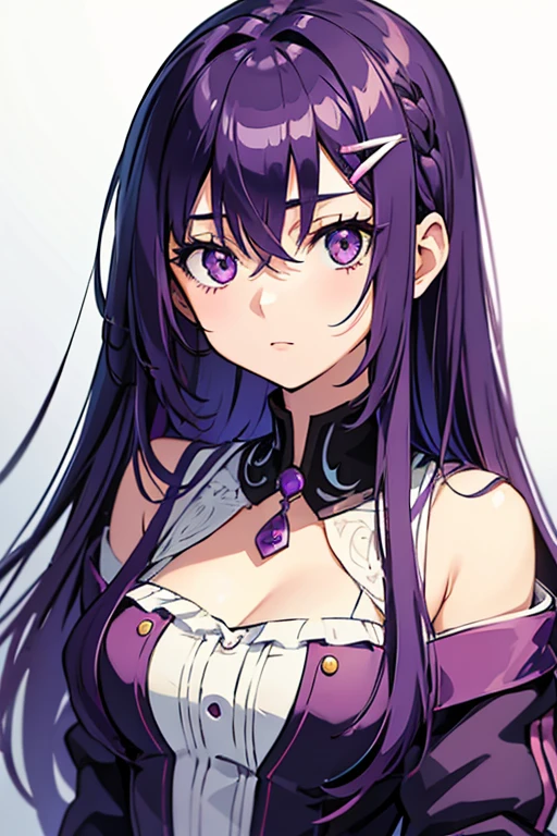 2D, masterpiece, Highest quality, anime, Very detailed, One girl, alone, lily, Purple eyes, Purple Hair, Hair between the eyes, Hair Clip, , Yandere face