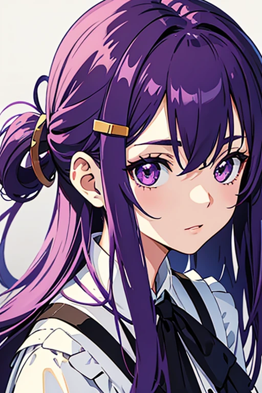 2D, masterpiece, Highest quality, anime, Very detailed, One girl, alone, lily, Purple eyes, Purple Hair, Hair between the eyes, Hair Clip, , Yandere face