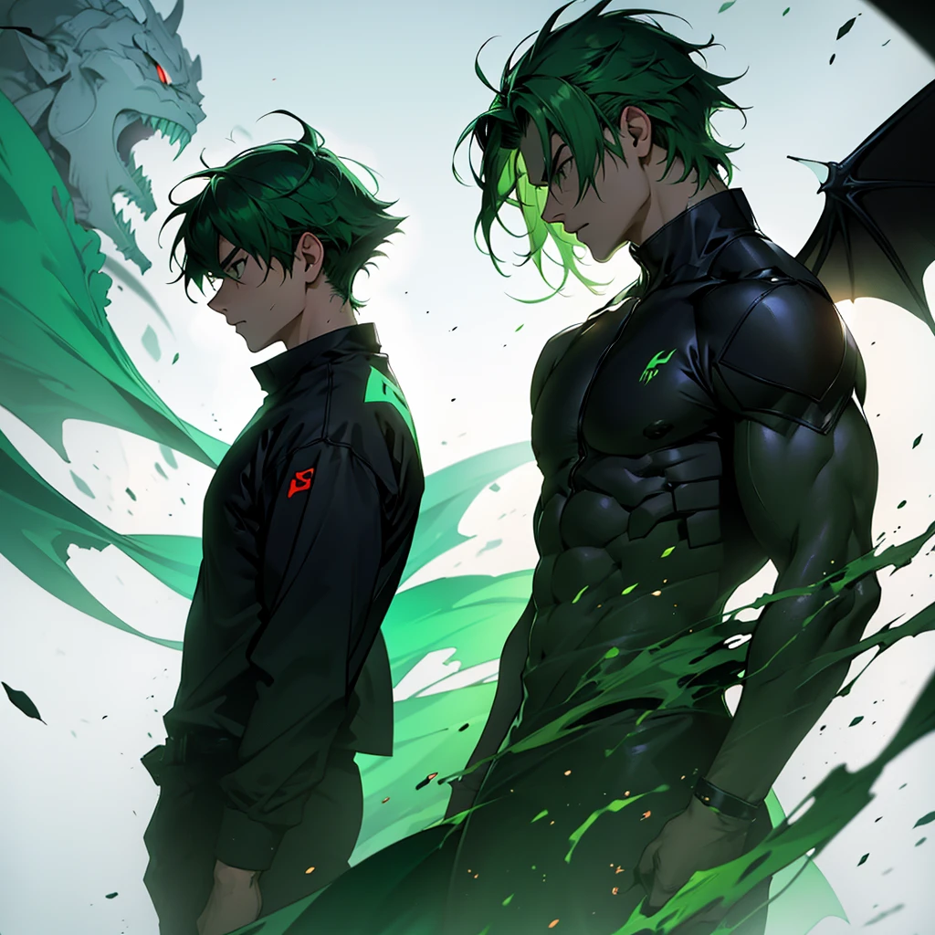 Injured green-haired ager facing a demon-shaped silhouette