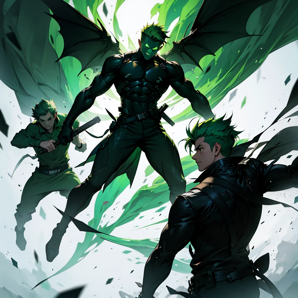 Injured green-haired teenager facing a demon-shaped silhouette