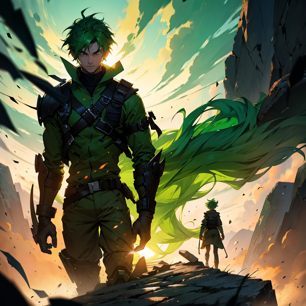 Injured green-haired ager facing a demon-shaped silhouette