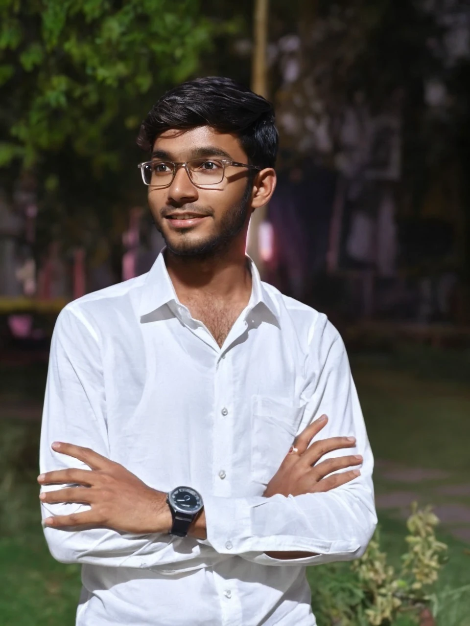 Generate an AI realistic half body image of a handsome guy in white shirt, with slim body, and age is in 20s