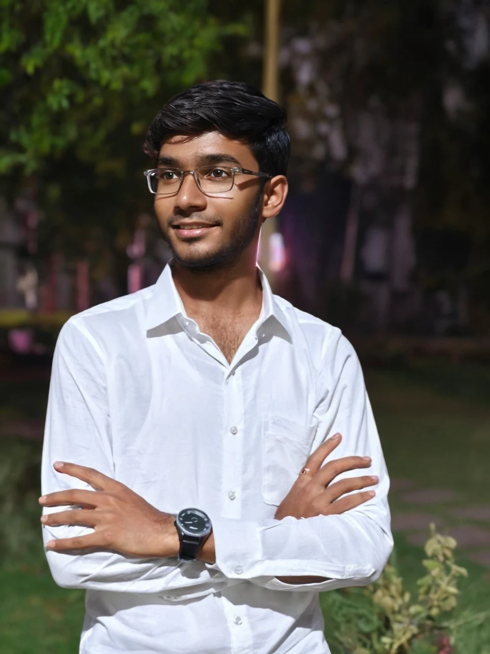 Generate an AI realistic half body image of a handsome guy in white shirt, with slim body, and age is in 20s