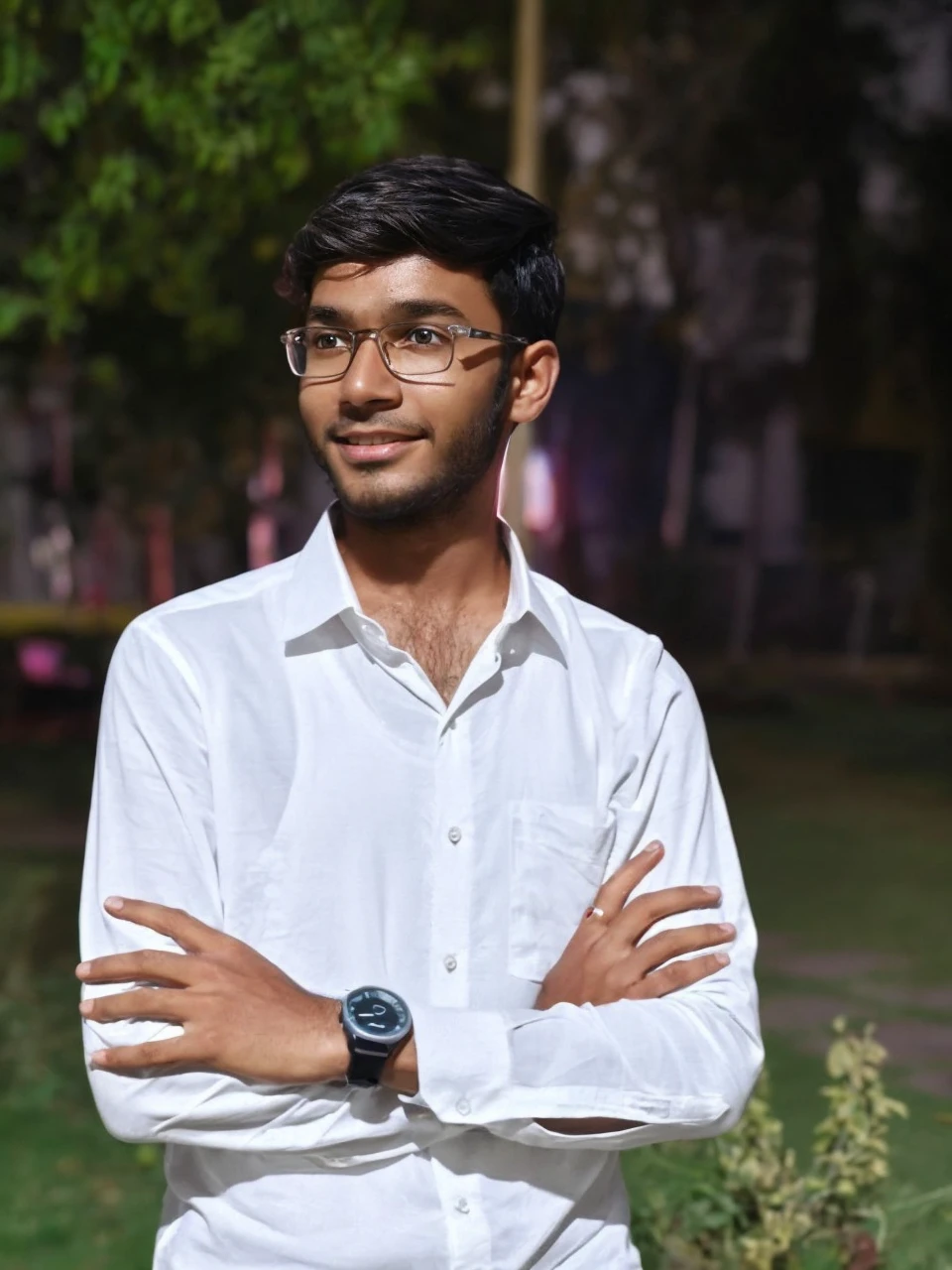 Generate an AI realistic half body image of a handsome guy in white shirt, with slim body, and age is in 20s