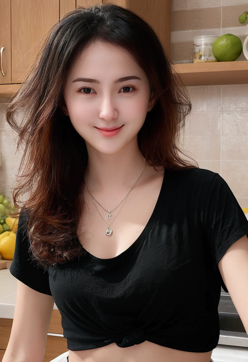 ((Best Quality, 8k, Masterpiece:1.3), Angie Marcheria), Focus:1.2, Perfect Body Beauty:1.4, Buttocks:1.2, ((Delicate Hair)), (black t-shirt:1.1), (kitchen), Highly detailed face and skin texture, Detailed eyes, Double eyelids, whitening skin, Big breasts, smile, wearing necklaces, perfect , seducing face, cooking, sweating, selife, 1 girl, messy hair, sexy