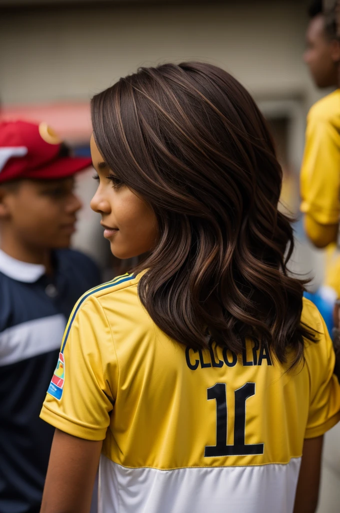 Girl with short chocolate-colored hair with the Colombia shirt on her back and the number ten shirt