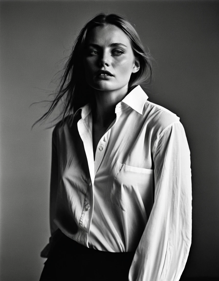(dark mood masterpiece Photography by Mario Giacomelli:1.2), evil slavic woman, pale skin, long dark blond hair, Stunning b&w 35mm full body photo of a beautiful, perfecteyes, dark circles under eyes, highly detailed skin, (lightest freckles:0.9), standing in a casual pose with her hands on her nipples. wearing (wide-open:1.34) white_silk_shirt. unbuttoned shirt. (nipslip:1.4). a loose-fitting oversized men's unbuttoned shirt, open white business shirt. intricate poses by ruth bernhard. (Photography and style by ruth bernhard). 35mm, Hasselblad. capturing fashion-forward visuals, creating visual impact,evoking emotion,pushing creative boundaries. golden hour, shot from the side, playful pose, god rays,artistic photoshoot