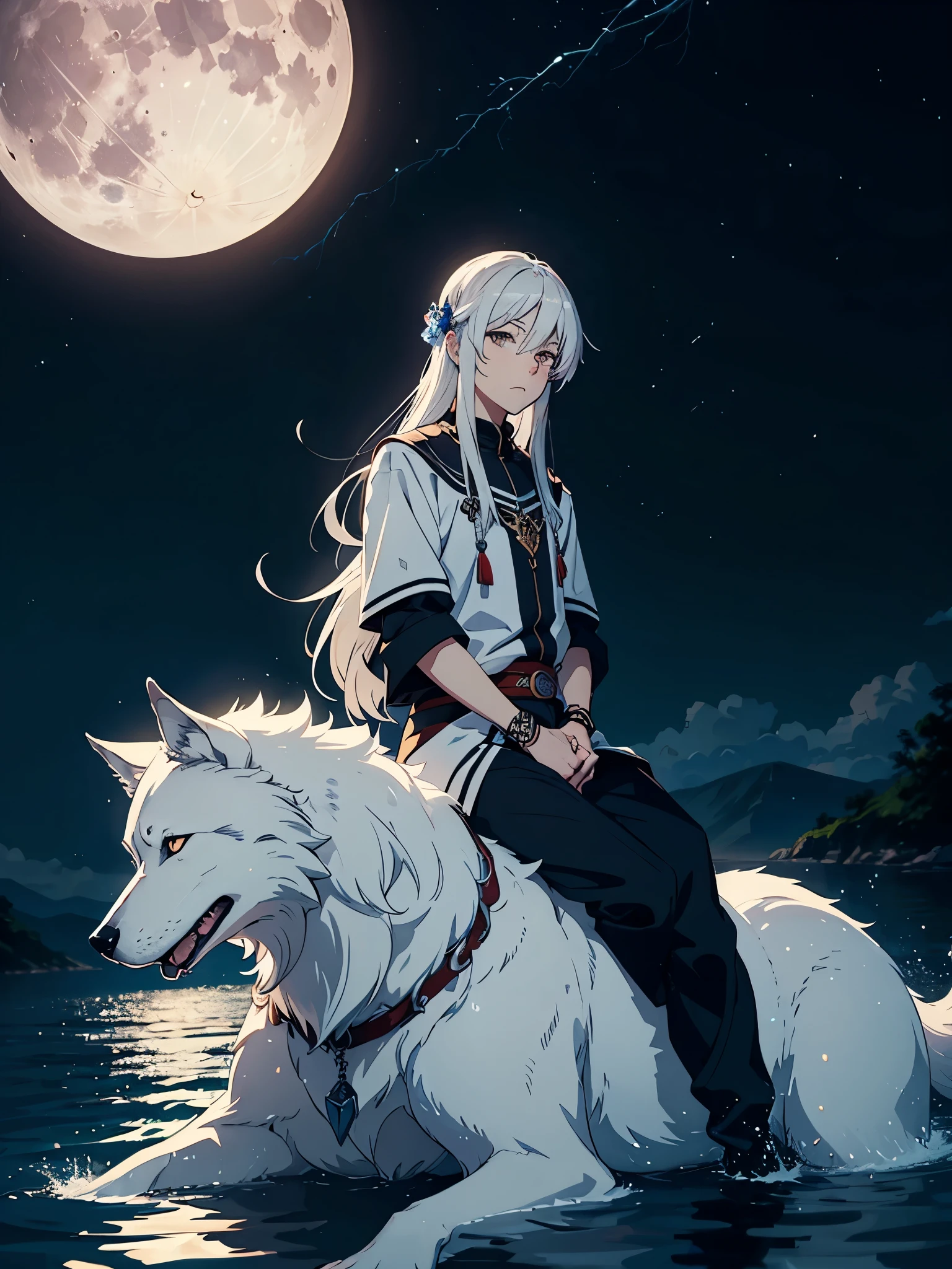 Riding a wolf. Viele weiße vögel. Nackt. Lights. More anime. light blue light. Bright bright light. magical. Moon. Sitting on a big white wolf. Lightening flowers. More anime. male. Blue flowers. Long hair. long white hair. aquatic, boy, God of the Moon, silver hair accessories, White hair.