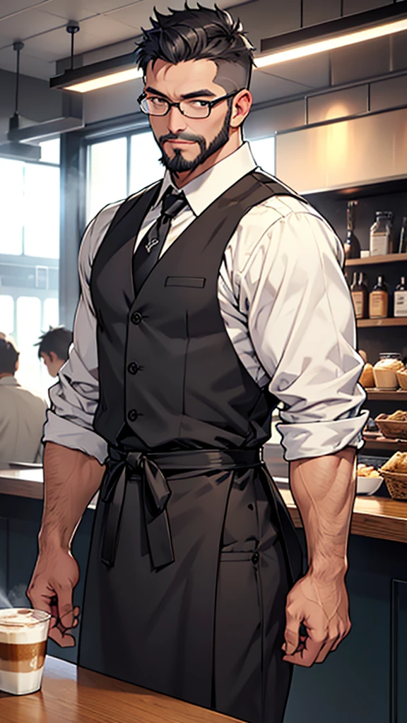 Gray short hair、Glasses、Beard、One person、Master、Cafe、One personでコーヒーを入れる、Black vest、shirt、tie、One personの男、Waist apron